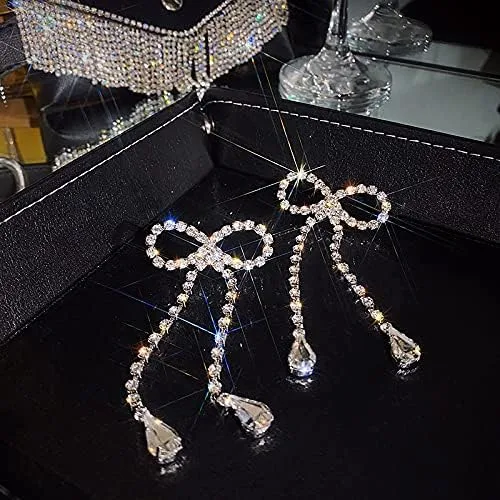 Vista 4 de Pendientes de plata 925 con lazo de cristal, aretes de diamantes de imitación hipoalergénicos para orejas sensibles