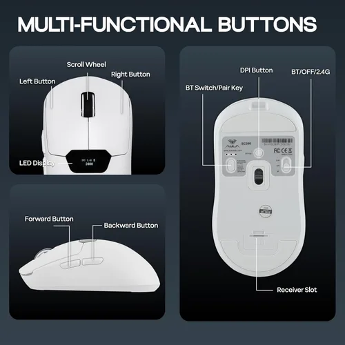 Vista 7 de MechLands Aula SC390 - Mouse ligero para juegos con pantalla de visualización, 2.4G/USB-C/BT mouse inalámbrico con batería de 400 mAh, ajustable