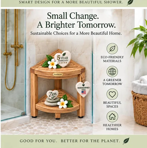 Vista 8 de Esquinero earthyteak ™. Totalmente montado. Esquinero de 2 niveles, de teca compacta. Banco de pie para ducha con estante. Almacenamiento