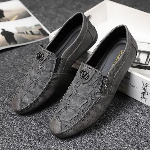 Vista 3 de Mocasines de cuero vintage con cremallera para hombre, cómodos, suela suave, zapatos náuticos, elegantes y casuales para conducir y caminar