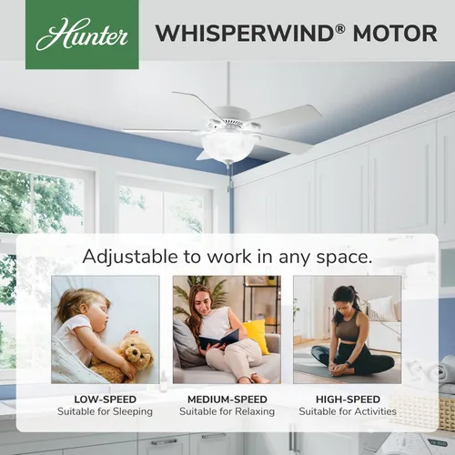 Vista 2 de Hunter Ventilador de techo para interiores de 44 pulgadas con luz LED - Ventilador de techo blanco con cadena de tracción, para dormitorio, sala