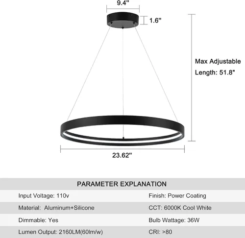 Vista 4 de Lámparas de araña LED modernas en negro, lámparas de araña LED contemporáneas regulables de 1 anillo, lámpara colgante LED moderna para sala