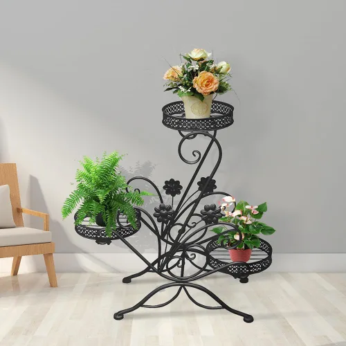 Vista 2 de Soporte para plantas de 3 niveles, estantes de metal para flores, soporte de exhibición de plantas para interiores y exteriores, soporte para macetas
