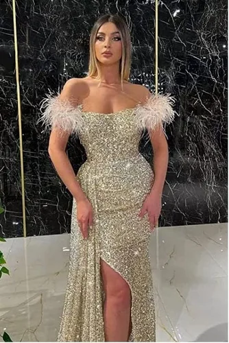 Vista 5 de NNagrace Vestidos de graduación de lentejuelas con hombros descubiertos para mujer con abertura de plumas vestidos de noche formales largos