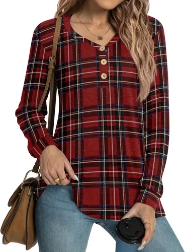 Vista 2 de HOTGIFT Blusa tipo túnica de manga larga con cuello en V y botones para mujer 2026