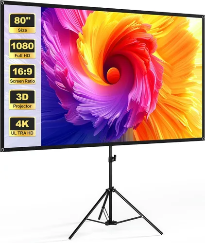 Vista 9 de Pantalla de proyector con soporte, pantalla de proyección interior de 80 pulgadas con respaldo negro, pantalla de proyector portátil con trípode