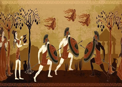 Vista 10 de Telón de fondo de tela de 5 x 3 pies, fondo de guerrero de la antigua Grecia antigua, mitología griega, figura negra, figuras de guerreros