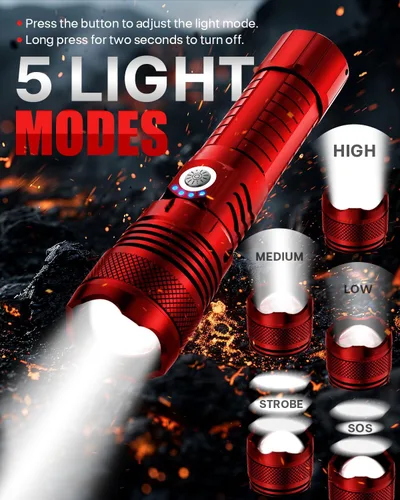 Vista 3 de Victoper Linternas LED Rojas, linterna táctica recargable de alto poder y alto lúmen súper brillante, 5 modos, con zoom, impermeable, luces de flash