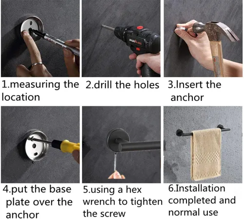 Vista 7 de szhdxsy - Juego de 6 accesorios de baño negro mate, soporte para toallas de acero inoxidable SUS 304 montado en la pared, incluye toallero de 16