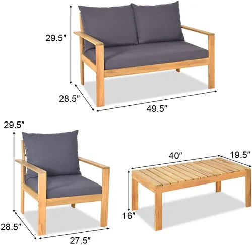 Vista 5 de COSTWAY Juego de 4 sofás de madera de acacia para exteriores, juego de sofá de conversación al aire libre con mesa y cojines, sillas de porche