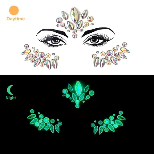 Vista 5 de Gemas faciales 4 hojas de joyas para la cara pegadas en diamantes de imitación, calcomanías de cristal luminoso, piedras preciosas temporales