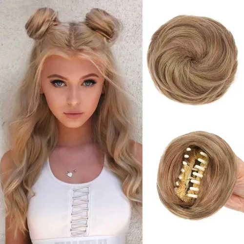 Vista 10 de Extensiones de moño espacial para mujer, 2 piezas de extensiones de moño de cabello falso natural, clip de garra, moño de pelo sintético