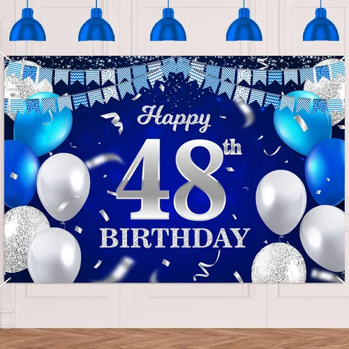 Vista 14 de Bandera de feliz primer cumpleaños con fondo azul marino, globos, confeti, bandera de rayas, luces de puntos, felicitaciones por el tema de 1 año