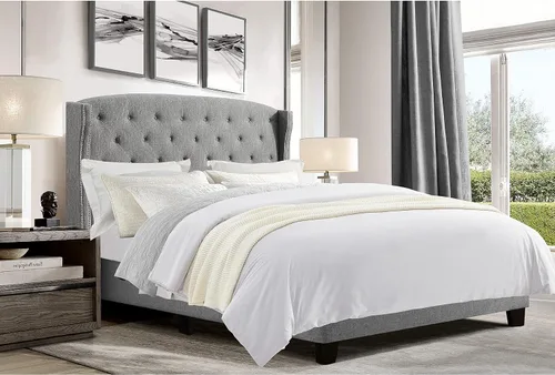 Vista 8 de Rosevera Essential - Base de cama de plataforma con cabecera capitoné tapizada de tela, soporte de listones de madera, fácil montaje, matrimonial