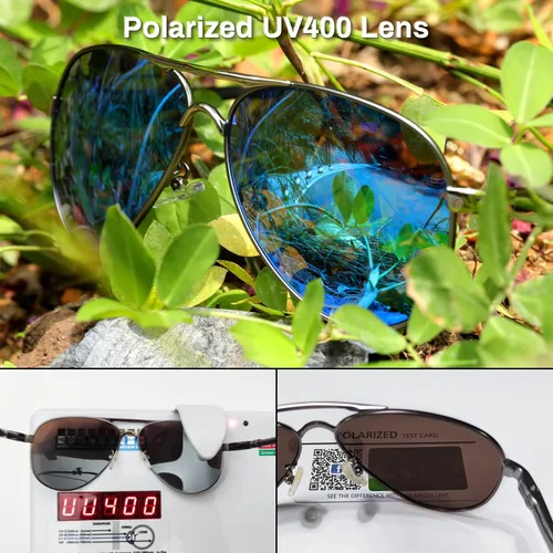 Vista 5 de ROCKNIGHT Lentes de sol polarizados estilo aviador para hombres y mujeres, lentes de sol con parte superior plana de metal, ligeras