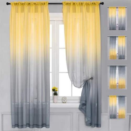 Vista 10 de Cortinas Yancorp traslúcidas de 2 paneles para dormitorio de 63 pulgadas de largo, cortinas de lino azulbeige ombre con bolsillo para barra