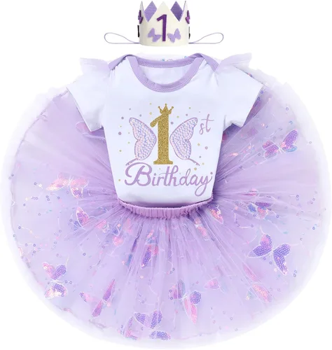 Vista 2 de IDOPIP Butterfly 1st Birthday Outfit Baby Girl Sequin Butterfly Romper Tutu Skirt Headband Costume for Cake Smash Photo Shoot