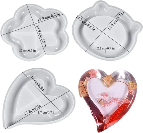 Vista 4 de 3 moldes de bandeja de resina, posavasos de silicona con forma de corazón para resina epoxi, forma de gato/flor para fundición de resina, bricolaje