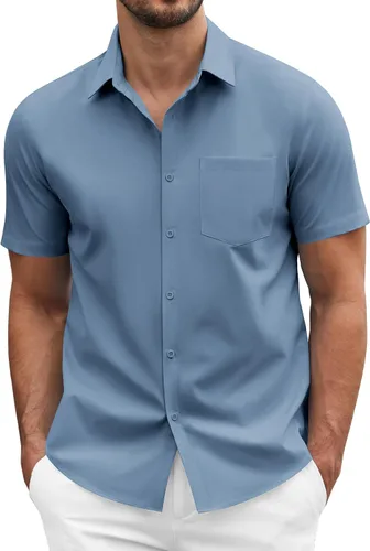 Vista 22 de COOFANDY: camisa casual de manga corta con botones para hombre, de negocios, sin doblar con bolsillo