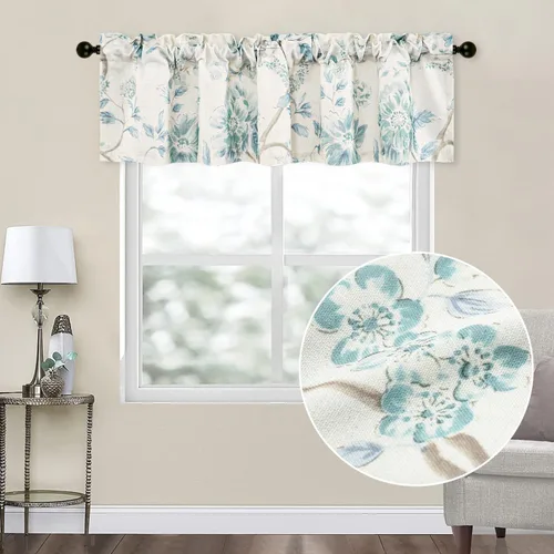 Vista 17 de Leeva Cortinas rústicas de cocina con estampado floral verde mezclado de lino para media ventana, para comedor, bolsillo para barra, cafetería