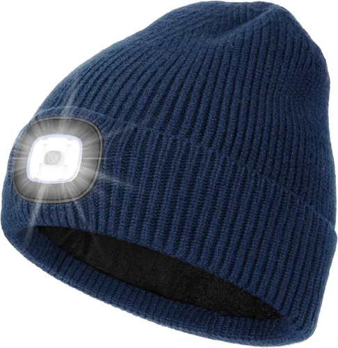 Vista 14 de MELASA Gorro de invierno con forro polar LED, recargable por USB, gorro cálido con luz integrada, regalos para hombres, papá, esposo, él