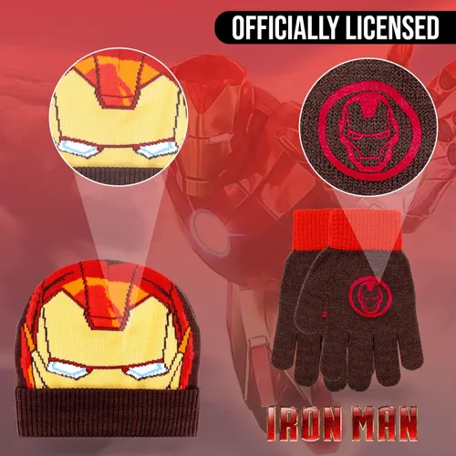 Vista 5 de Marvel Avengers - Juego de sombreros de invierno y guantes de nieve para niños y niños pequeños con lindos guantes y gorro suave, pompones esponjosos