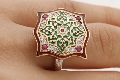 Vista 5 de Motif Style Turkish Handmade All Authentic Jewelry Red Enamel Round Cut Ruby Topaz 925 Sterling Silver Ring Size All