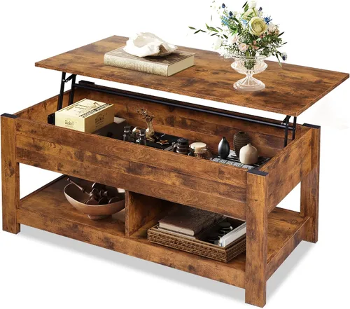 Vista 10 de WLIVE - Mesa de centro con parte superior elevable de 47", mesa de centro con compartimento oculto y 2 estantes de almacenamiento para sala de Roble
