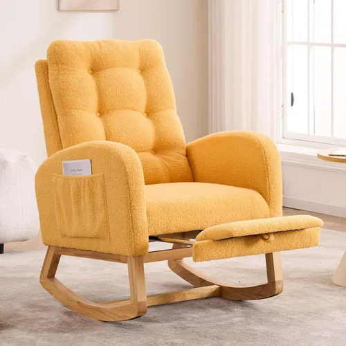 Vista 11 de Mecedora con reposapiés para cuarto de bebé, silla mecedora tapizada de peluche con bolsillo lateral, patas de madera maciza, respaldo alto
