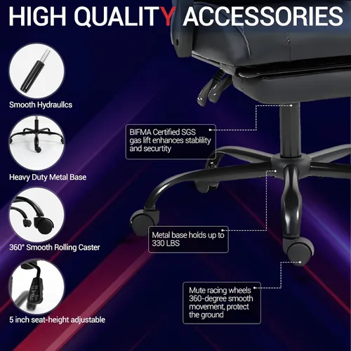 Vista 8 de Silla de juegos con reposapiés para adultos, silla de videojuegos de carreras de piel sintética, con soporte lumbar, para hombres y mujeres, silla