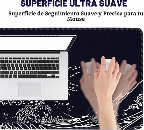 Vista 3 de ToLuLu Alfombrilla de mouse extendida para juegos, juego de soporte ergonómico de espuma viscoelástica para teclado y mouse reposamuñecas Ola negra