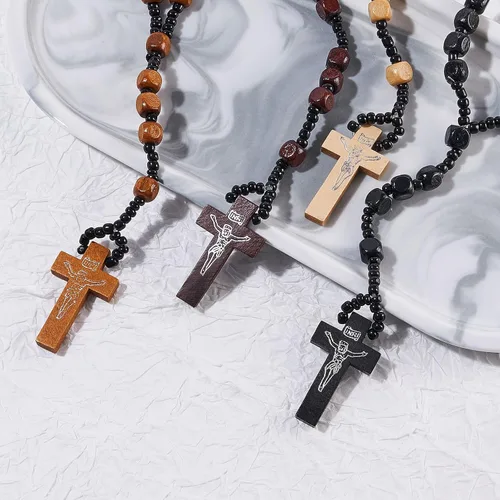 Vista 6 de Stuppendux Collar de rosario de cuentas de madera, cruz, crucifijo, oración católica, Jesús, para hombres y mujeres