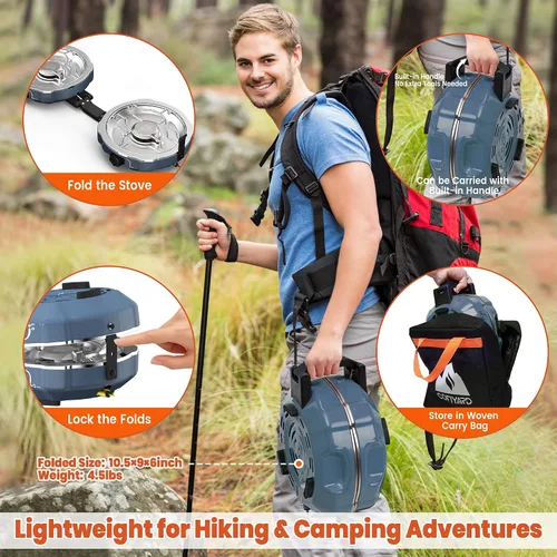 Vista 7 de Cofiyard Estufa de campamento de propano de 2 quemadores de 20,000 BTUs, estufa de campamento plegable portátil con quemadores ajustables, encendido