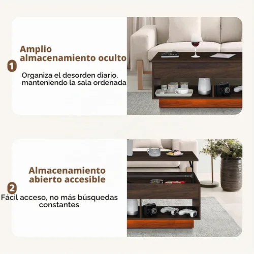 Vista 5 de HOMMPA Mesa de centro moderna con tapa elevable con almacenamiento para sala de estar, mesa de centro LED, mesa de comedor Wodden Lift