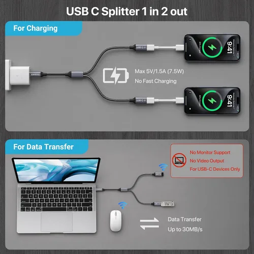 Vista 3 de KiwiBird Divisor USB C de carga de 1 en 2 salidas, cable de extensión y divisor de datos de alimentación USBC, tipo C macho a puerto USB C hembra