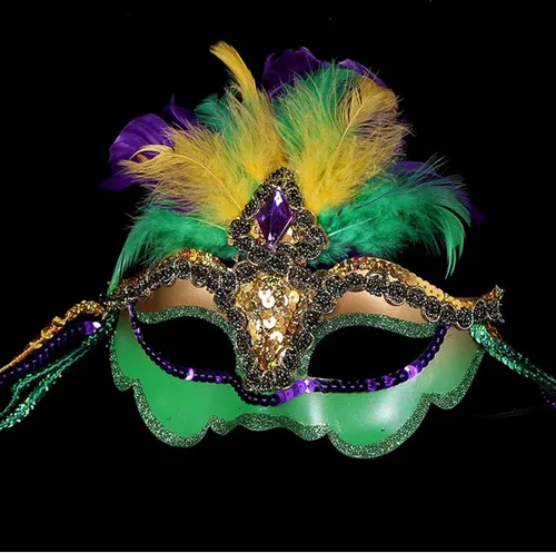 Vista 2 de Máscara de plumas de lentejuelas Mardi Gras máscara para mujer máscara de carnaval veneciano