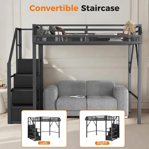 Vista 3 de Cama tipo loft de tamaño matrimonial con escaleras de almacenamiento integradas, armario, marco de cama alta de metal con barandilla lateral