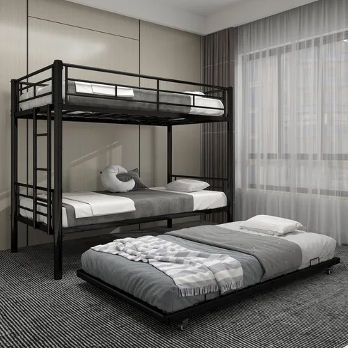 Vista 10 de Twin Over Twin Bunk Bed with Trundle, Heavy Duty Bunk Beds Frame with Side Ladders Convertible Bunkbed with Safety Guard Rails, No Box Spring Needed