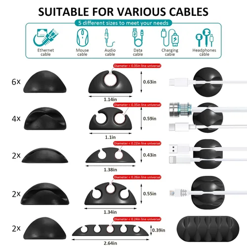 Vista 6 de Paquete de 16 cables de escritorio negros, organizador de cables ajustables, organizador de cables para cables, cargador de teléfono/PC/TV, soporte