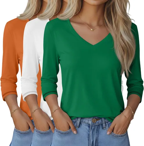 Vista 25 de Ficerd Paquete de 3 camisetas de manga 3/4 para mujer, cuello en V, blusas holgadas, blusas casuales, ropa de moda 2026