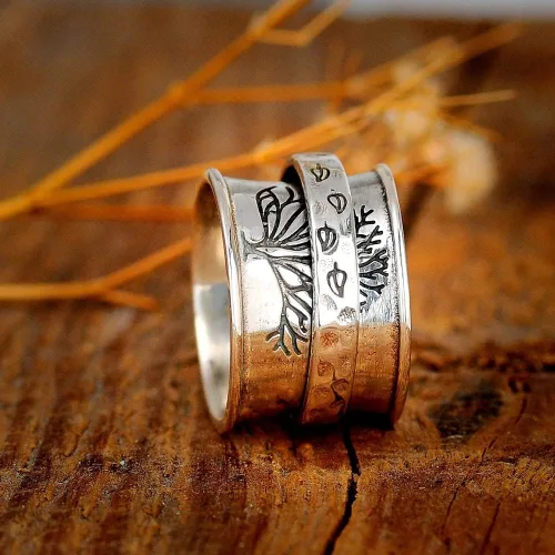 Vista 4 de Anillo giratorio de árbol de la vida para mujeres, niñas y hombres, anti ansiedad, gira libremente, inspiraciones para aliviar el estrés