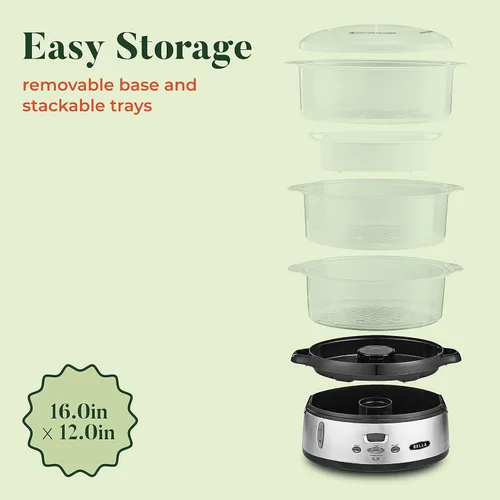 Vista 3 de BELLA - Vaporizador de alimentos digital de tres niveles de 9.5 cuartos de galón, saludable y rápida cocción simultánea, canastas apilables