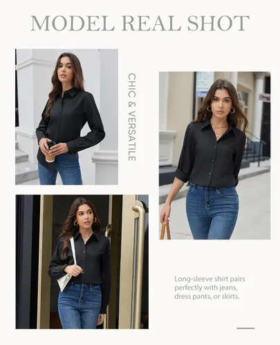 Vista 6 de siliteelon Camisas con botones para mujer, camisa de vestir de algodón de manga larga con cuello, camisa de negocios, trabajo, oficina, blusa