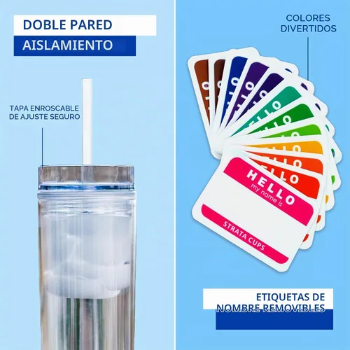 Vista 2 de STRATA CUPS 12 Vasos Transparentes Delgados con Tapas y Popotes Vaso Reutilizable de 16oz de Pared Doble Transparente con Tapa y Popote, Vasos