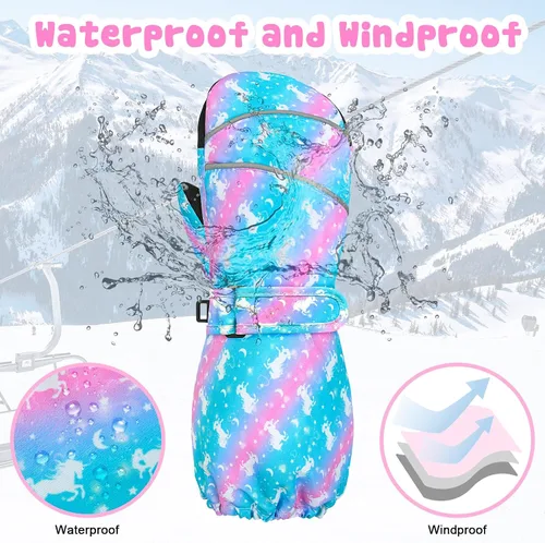 Vista 4 de AuSletie Guantes de invierno impermeables para niños, guantes de esquí para la nieve para niñas, guantes de snowboard cálidos con forro de sherpa