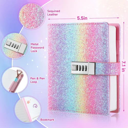 Vista 3 de Diario con candado para niñas, diarios con contraseña bloqueada para adolescentes, regalos de diario secreto para niñas de 9, 10, 11, 12 años, juego