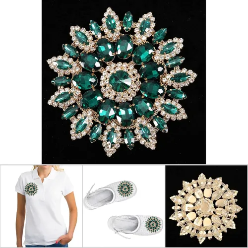 Vista 5 de Broche de flores de diamantes de imitación de cristal, base de oro verde para mujer, broche de ramillete grande de 4.3 in, bolso de bufanda