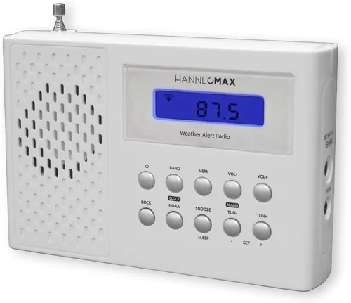 Vista 3 de HANNLOMAX HX-512R Radio portátil de alerta AM/FM/clima, reloj despertador, pantalla LCD, conector para auriculares, fuente de alimentación dual