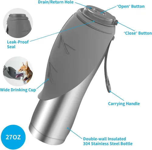 Vista 7 de URPOWER Botella de agua aislada para perros, botella de viaje a prueba de fugas de 27 onzas Cool Water for Hours, 304 Stainless Steel, One-Hand