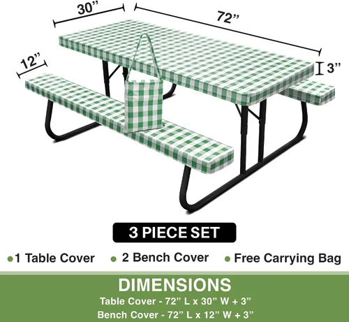 Vista 4 de Funda de mesa de picnic con fundas de banco, 17.64 oz/m², reutilizable, de vinilo resistente, mantel de picnic impermeable con funda de transporte